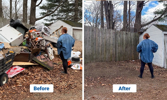 An before shot of a woman looking at junk in her yard before and nothing in her yard after