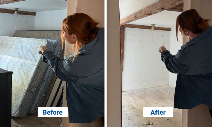 A before shot of a woman looking at mattresses in her room before and a clear bedroom after